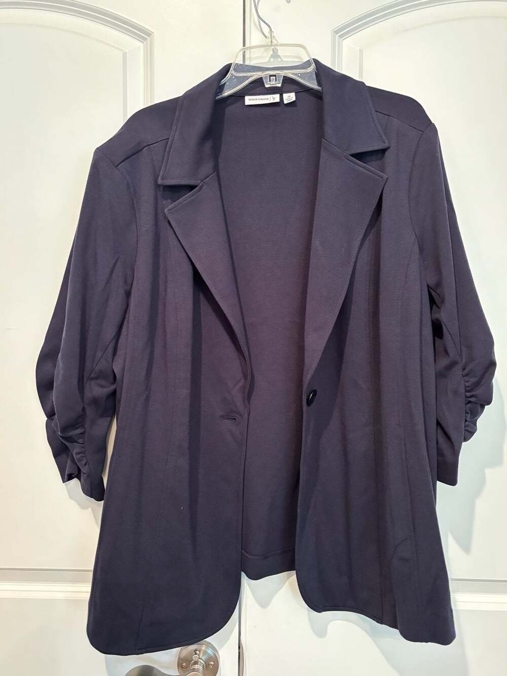 Susan Graver Blazer Size 2X Navy Blue Open Front Ruched Sleeve Jacket